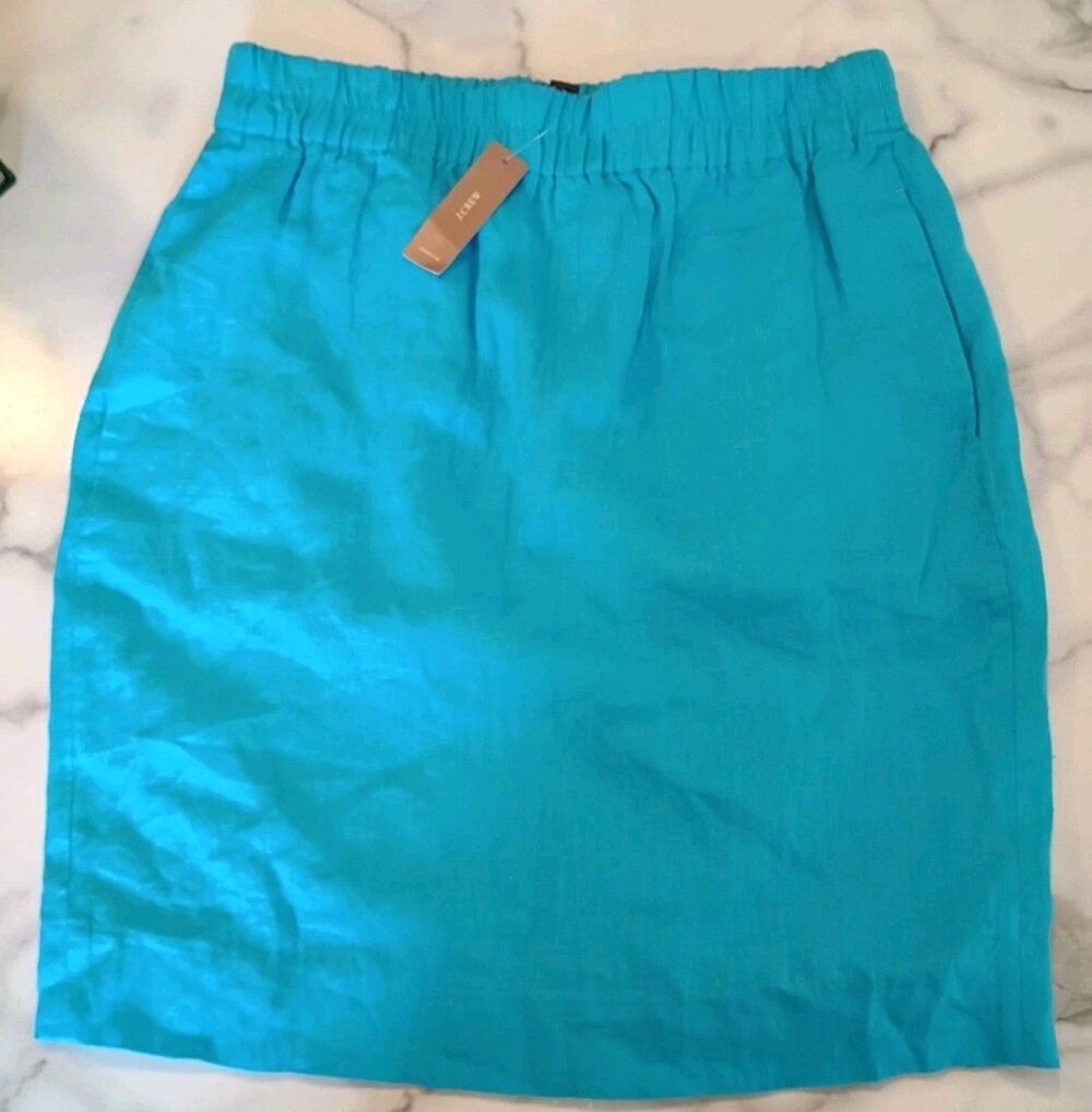 J.CREW Linen Straight Skirt Women’s M Turquoise Blue Pockets Cotton Lined NEW